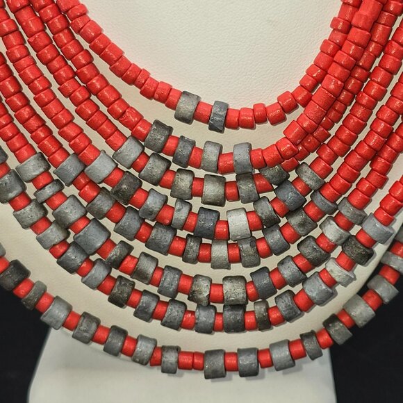 Vintage Multilayer Red & Gray Beaded Statement Necklace HS201 - Picture 4 of 9